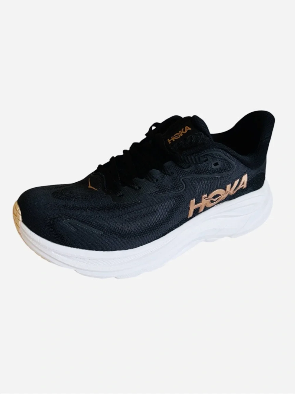 Hoka Clifton 10 Black/White and Rose Gold Low-Profile Running Sneaker Sz 9.5